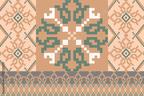 Art Abstract with Pixel Art Designs. Traditional Cross Stitch needlework. Geometric Ethnic Pattern, Embroidery, Textile Ornamental, Fabric, Hand Stitch Pattern, Cultural Stitching Pixel Art