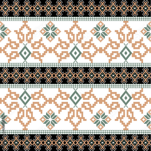 Art Abstract with Pixel Art Designs. Traditional Cross Stitch needlework. Geometric Ethnic Pattern, Embroidery, Textile Ornamental, Fabric, Hand Stitch Pattern, Cultural Stitching Pixel Art