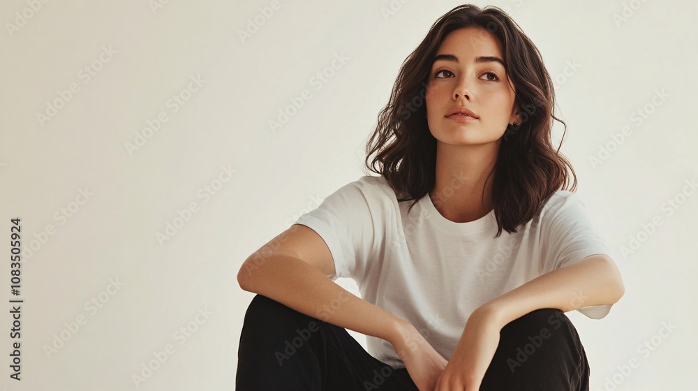 Obraz premium Young woman with long dark hair sitting in a relaxed pose, wearing a simple white t-shirt and black pants, showcasing natural beauty against a neutral background