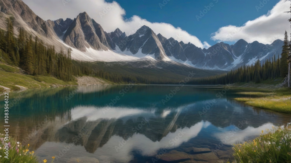 Fototapeta premium Serene mountain lake reflecting peaks.
