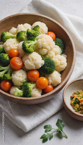 Fresh broccoli and cauliflower salad with cherry tomatoes, healthy vegetarian dish, vibrant colors