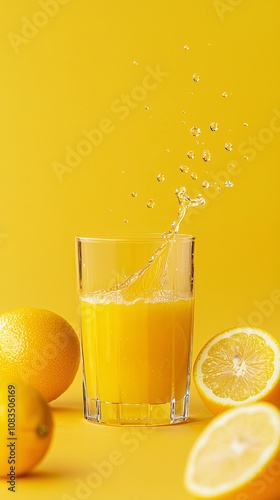 Refreshing Splash of Citrus Juice in a Glass with Fresh Lemons and Oranges on Vibrant Yellow Background for a Bright and Cheerful Beverage Vibe photo