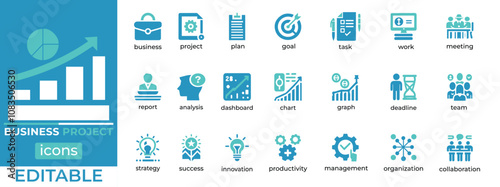 Complete set of editable business project icons for reports, plans, dashboards, and teamwork. Enhance productivity and professional projects