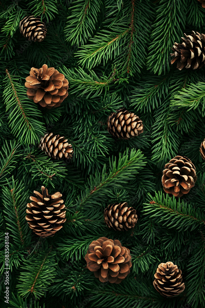Fototapeta premium Fir and spruce branches and cones green needle abstract background Christmas texture.