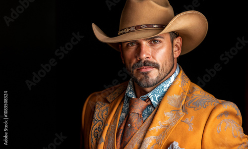Green-Eyed Gay Man in Western cowboy vegetal ornate embroidered attire