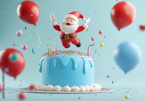 3D Santa Claus Jumping on Cake with Balloons and Sprinkles  .