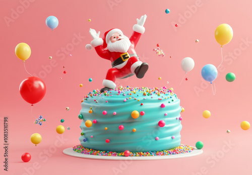 3D Santa Claus Jumping on Cake with Balloons and Sprinkles  .