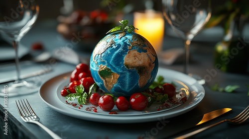 Global Flavors: Earth Globe Surrounded by Diverse Cooking Ingredients