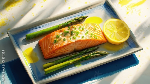 Baked Salmon with Roasted Asparagus and Lemon: Professional Food Photography at 45-Degree Angle in Uncluttered, Natural Light Setting.