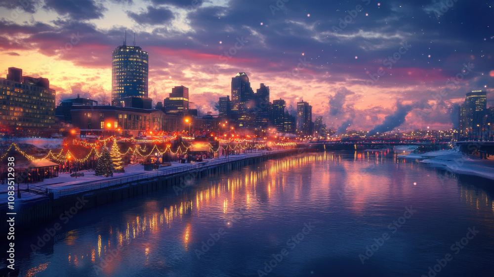 Fototapeta premium Cityscapes and reflections on the water at dusk during the Christmas and New Year festivals.