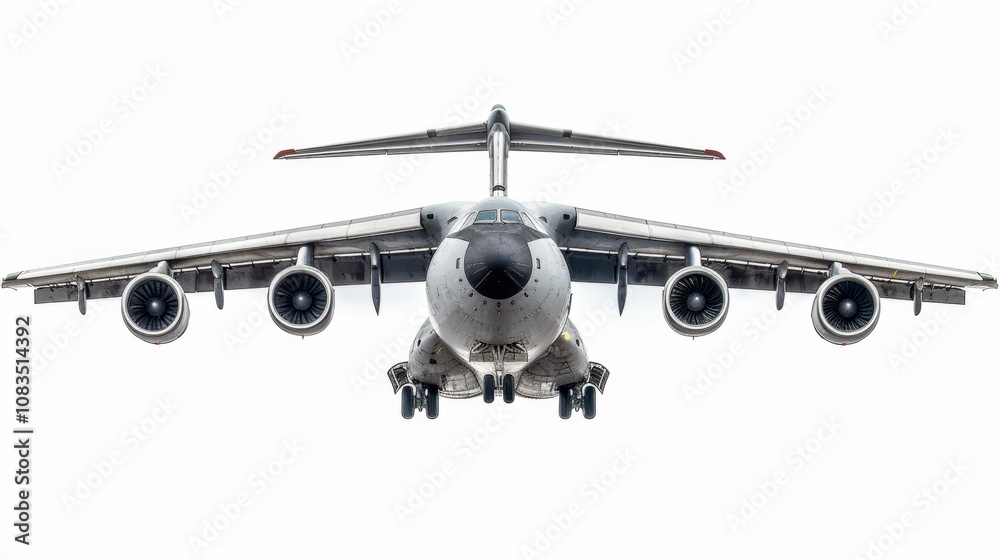 Fototapeta premium A commercial airplane with extended wings, isolated on a white background
