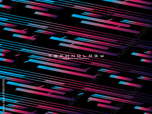 Tech Fashion Print Design with Neon Lines and Lines. Futuristic Background. Bright Stripes on Dark Background suitable for textiles, fabrics, digital technology, websites, etc.
