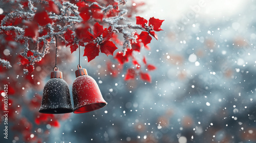 Snow dusted red and black Christmas bells hang from frosty branch, surrounded by vibrant red leaves, creating festive and joyful winter scene