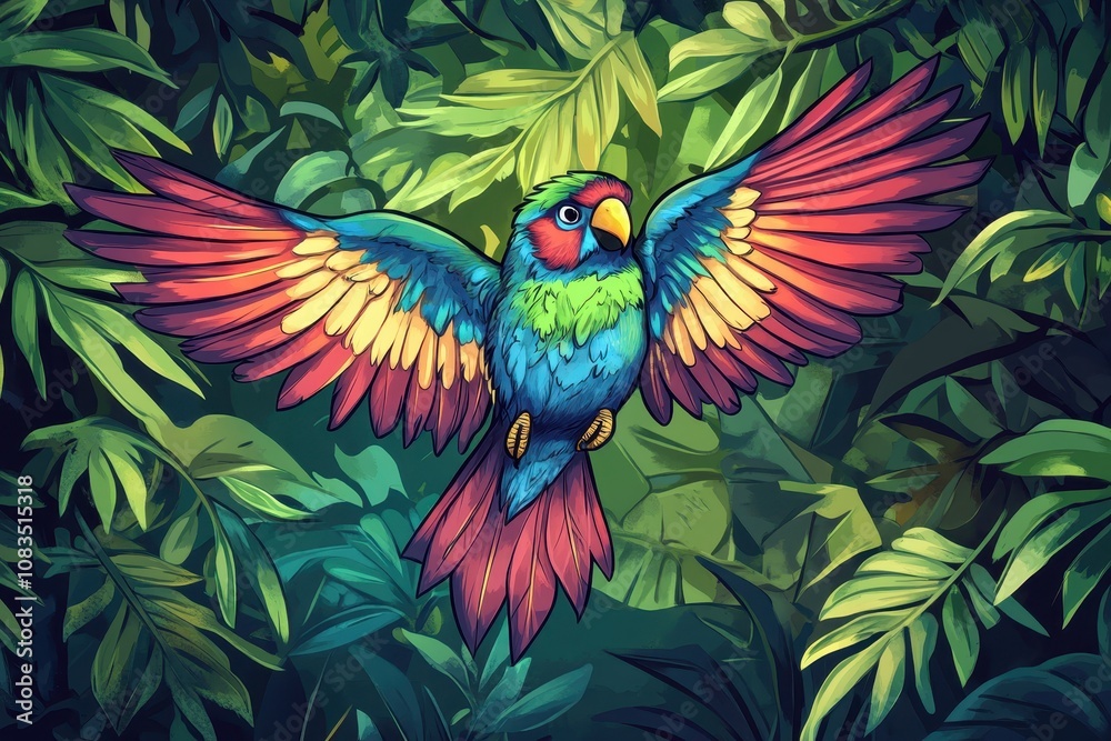 Obraz premium Colorful Bird with Wings Spread in Jungle Foliage
