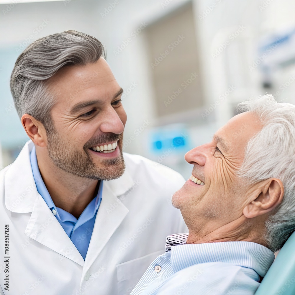 Fototapeta premium Dentist Smiling with Elderly Patient, Dental Checkup, Geriatric Dentistry, Oral Healthcare for Seniors, Patient and Dentist Interaction, Friendly Medical Care, Senior Dental Health