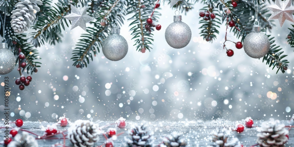 Obraz premium A festive holiday scene with a wintry background, featuring a light gray wooden surface in the foreground, dusted with snow.