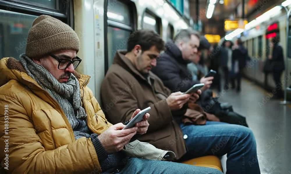 People traveling by subway looking at their cell phones