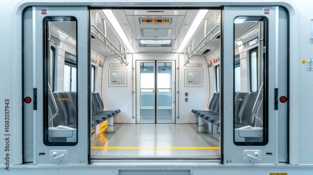 Fototapeta premium A light rail vehicle with passenger doors open, isolated on white background