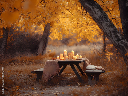 Cozy Autumn Picnic Setting with Candles and Warm Tones Surrounded by Vibrant Golden Leaves in a Tranquil Outdoor Environment photo