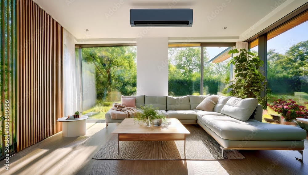 Fototapeta premium A modern living area featuring a sleek, energy-efficient air conditioner, seamlessly blending with the minimalist design. The space exudes comfort and sustainability, filled refreshing natural air.