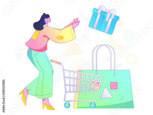 Holiday shopping people doing e-commerce online shopping flat vector concept operation hand drawn illustration
