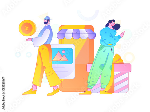 Holiday shopping people doing e-commerce online shopping flat vector concept operation hand drawn illustration
