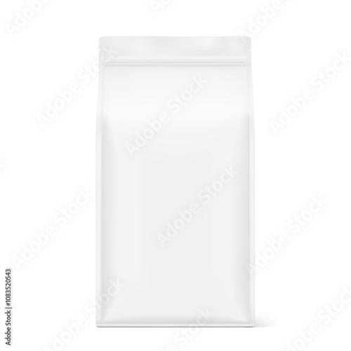 Vertical flat bottom gusset bag mockup for food, sport nutrition. Half side view. Vector illustration isolated on white background. Can be use for template your design. EPS10.	