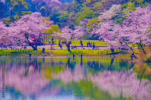 Obraz na płótnie 桜が咲く池の風景 w salonie