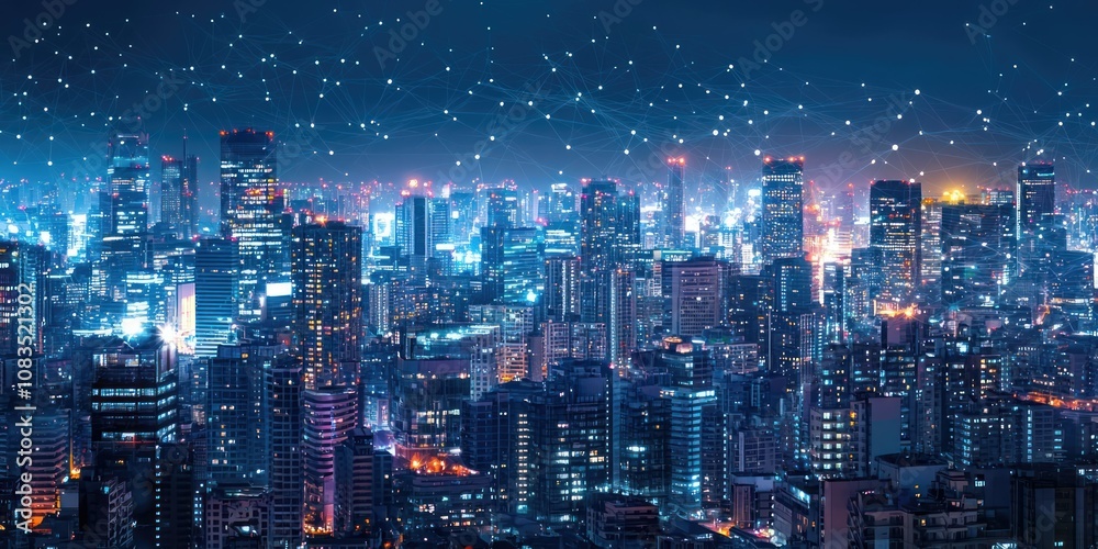 Fototapeta premium A cityscape at night with glowing lines representing digital network connections between buildings and infrastructure.