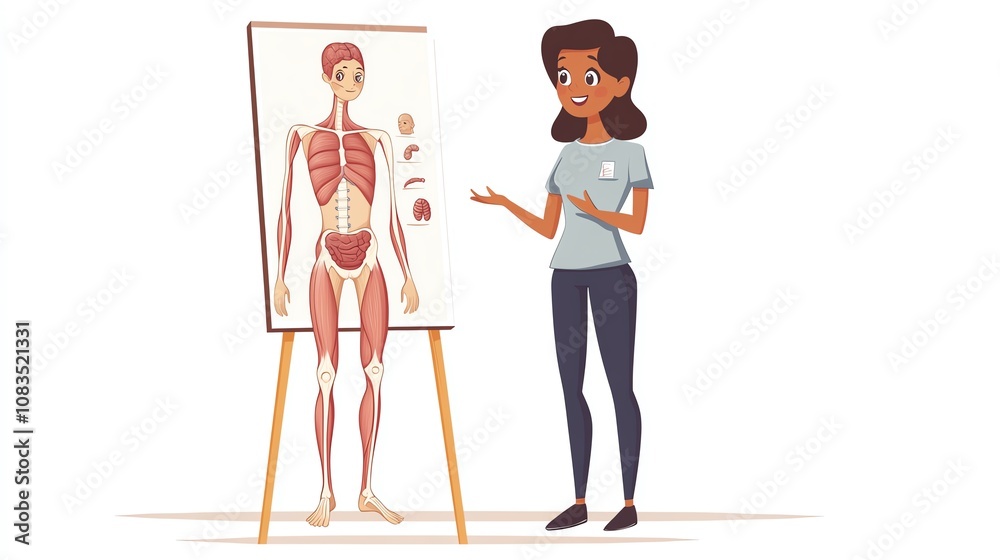 Fototapeta premium a 2D cartoon illustration of a teacher explaining a lesson with a whiteboard, clear and engaging, white background--ar 16:9