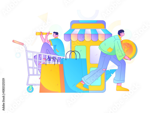 Holiday shopping people doing e-commerce online shopping flat vector concept operation hand drawn illustration
 photo