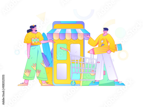 Holiday shopping people doing e-commerce online shopping flat vector concept operation hand drawn illustration
 photo