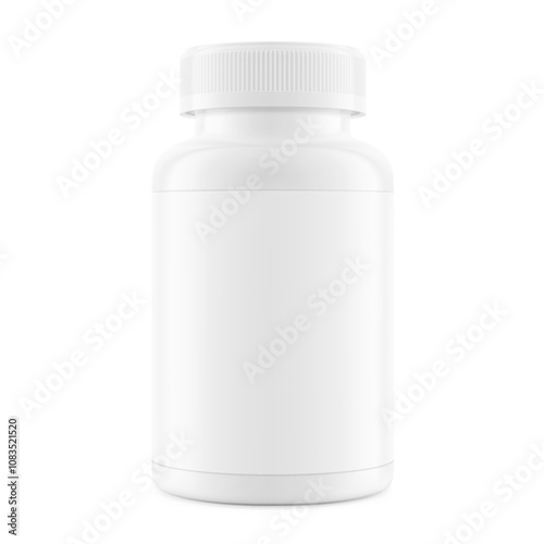 Plastic packer pill bottle mockup with child resistant cap and label for treats, vitamins, supplements isolated on white background. Vector illustration. ready for your design. EPS10.