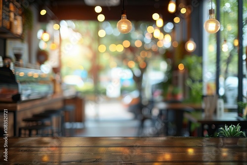 Empty wooden table with blurred cafe background and warm light
