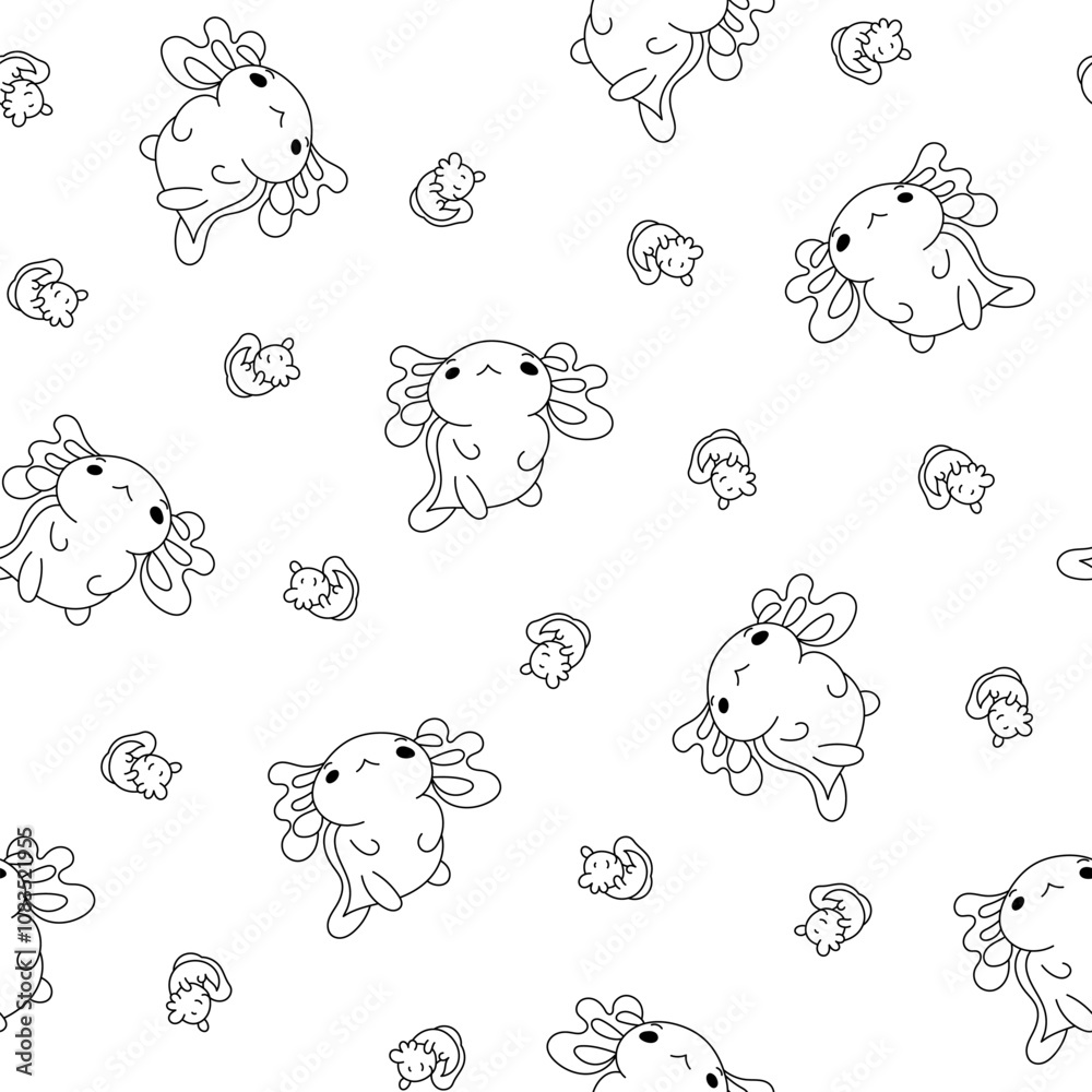 Fototapeta premium Cute axolotl character. Seamless pattern. Coloring Page. Kawaii ambystoma amphibian different poses. Vector drawing. Design ornaments.