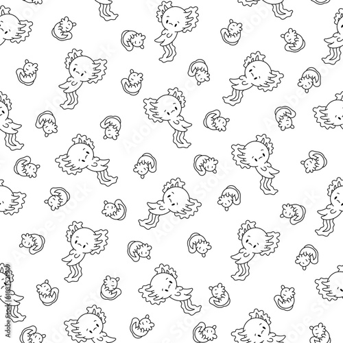 Cute axolotl character. Seamless pattern. Coloring Page. Kawaii ambystoma amphibian different poses. Vector drawing. Design ornaments.