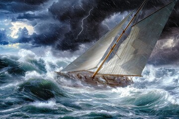 Tableau sur toile  A sailboat struggles through stormy seas under dark clouds and lightning.  © AbdulHakim