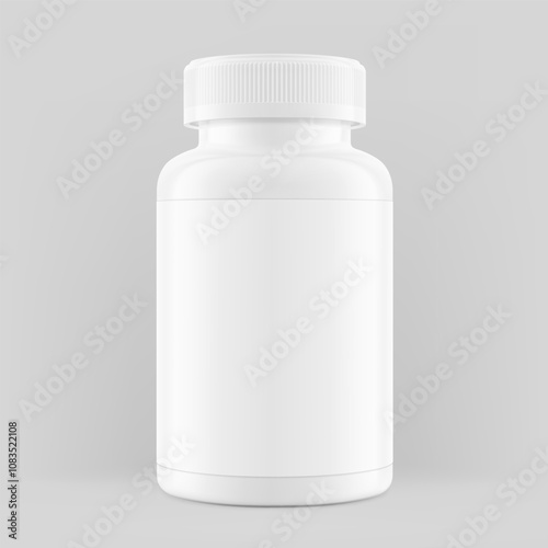 Plastic packer pill bottle mockup with child resistant cap and label for treats, vitamins, supplements isolated on grey background. Vector illustration. ready for your design. EPS10.