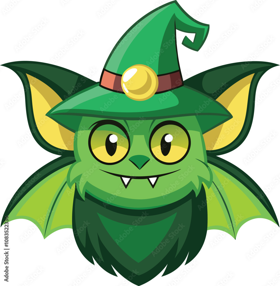 Obraz premium Adorable Green Bat with a Witch Hat