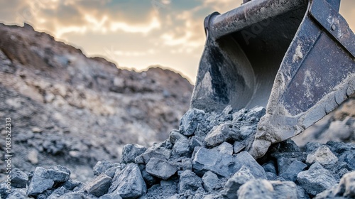 Large iron excavator bucket collects and pours sand, rubble, and stones in a quarry at a road and housing construction site, showcasing heavy machinery in action at a building project photo