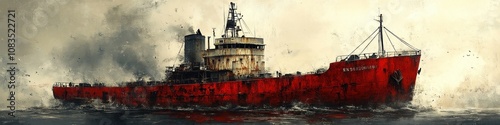 A weathered red cargo ship cuts through choppy waters with a dramatic sky overhead.
