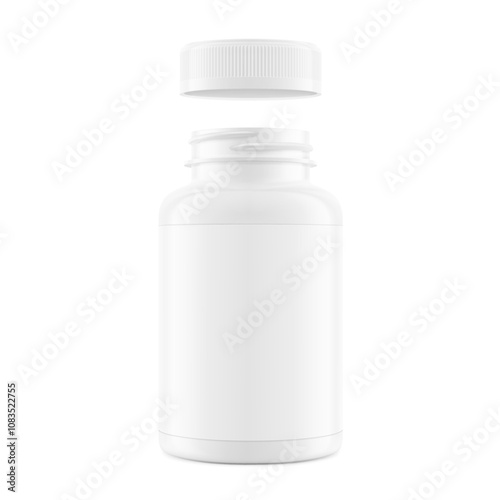 Plastic open packer pill bottle mockup with child resistant cap and label for treats, vitamins, supplements isolated on white background. Vector illustration. ready for your design. EPS10.