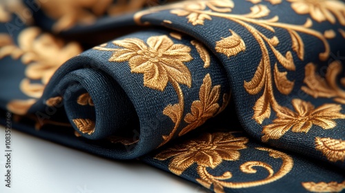 Elegant Floral Tie: A close-up of a sophisticated men's tie, featuring a navy blue silk base adorned with intricate gold floral patterns. The tie is rolled up. photo