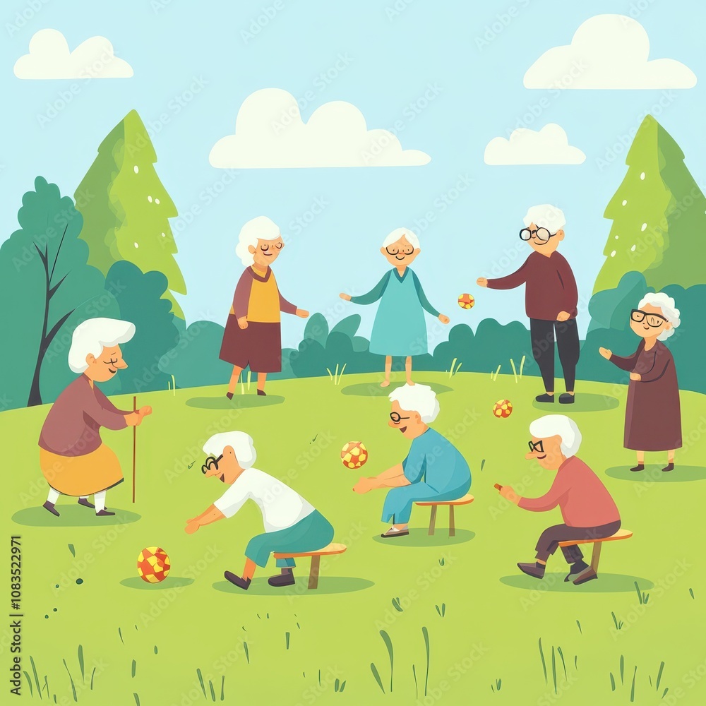Naklejka premium Elderly community enjoying lawn games in the afternoon, sunny day, flat design illustration