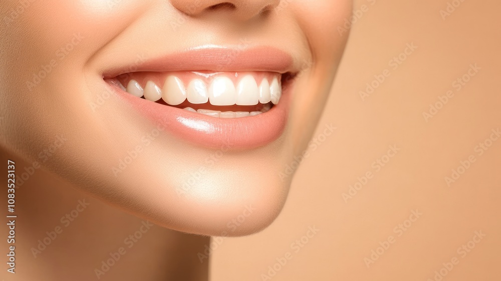 Fototapeta premium Close-up of a smiling mouth showcasing healthy teeth and lips.