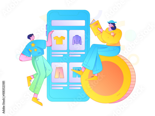 Holiday shopping people doing e-commerce online shopping flat vector concept operation hand drawn illustration
