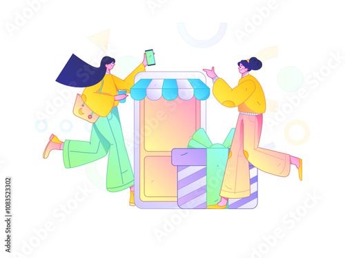 Holiday shopping people doing e-commerce online shopping flat vector concept operation hand drawn illustration
 photo