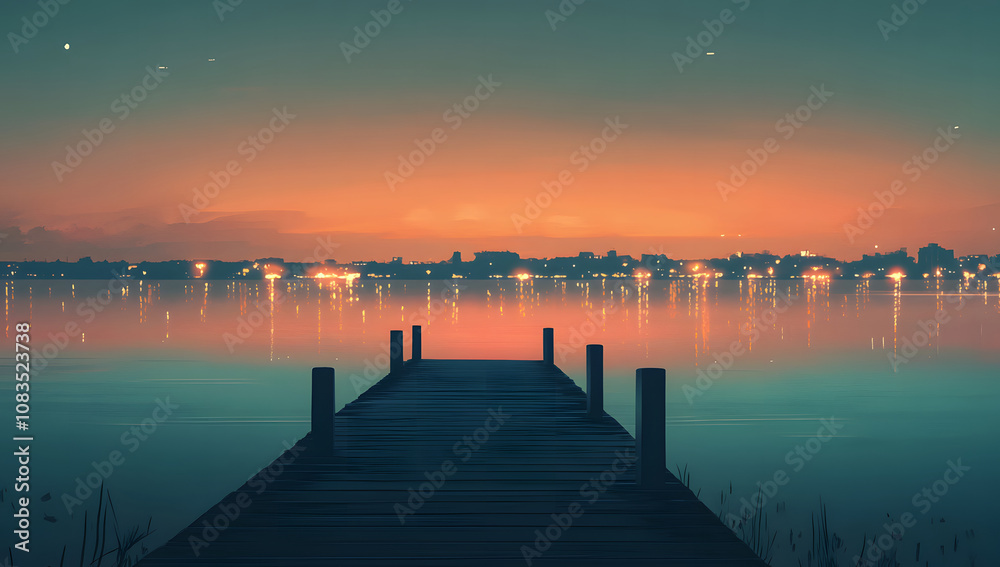 Fototapeta premium Serene nightscape of a wooden dock extending into a calm lake, reflecting a distant city skyline at sunset.