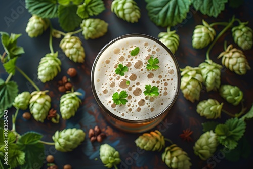 Fresh Hops and Craft Beer with Foam and Leaf Garnish for Brewing Concept photo