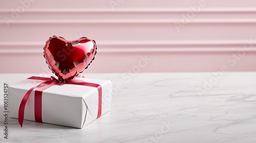 Romanitc gift box balloon valentine concept.A beautifully wrapped gift box with a red heart-shaped decoration sits against a soft pink backdrop, perfect for romantic occasions. photo